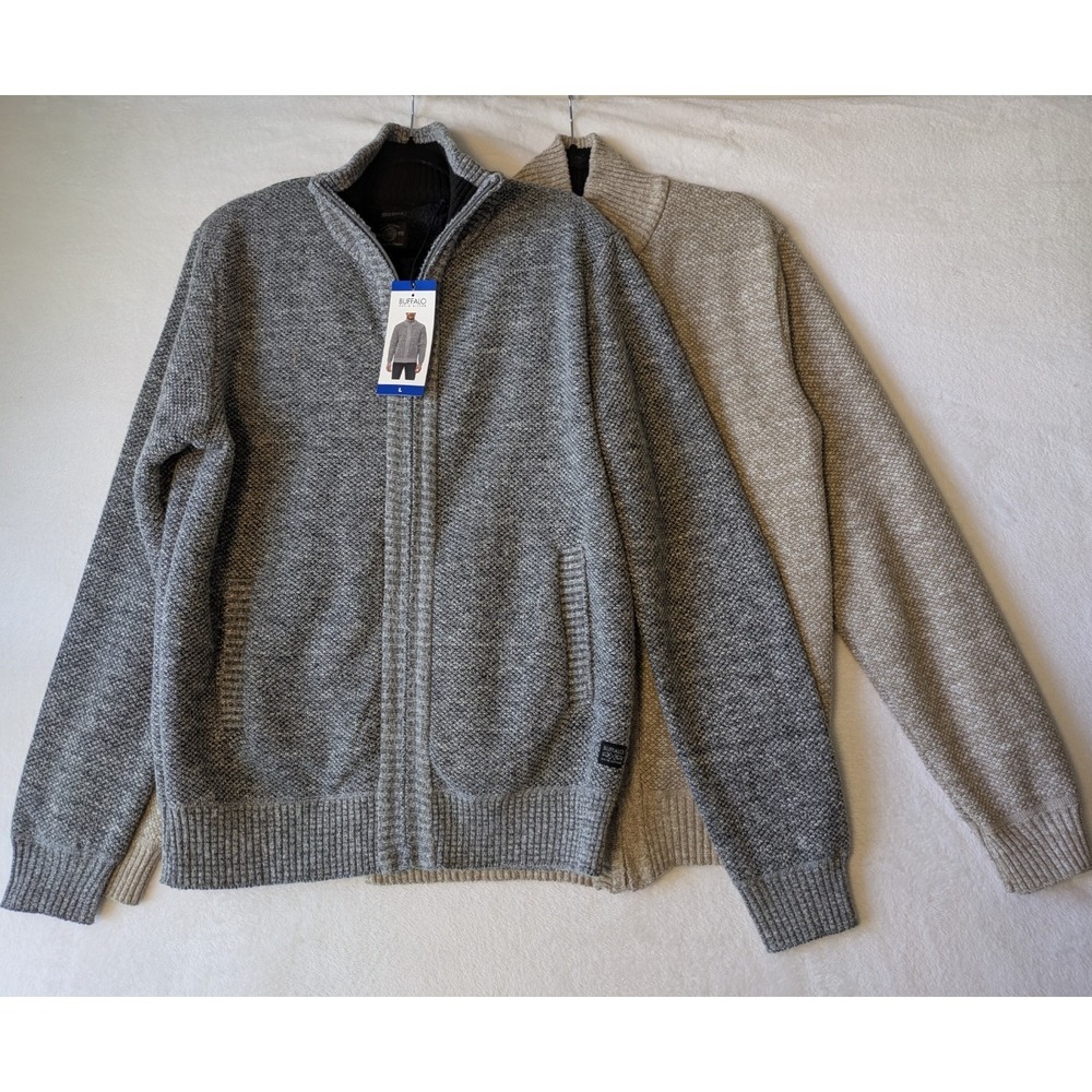 2- Buffalo David Bitton Gray Tan Full Zip Knit Sweater Fleece Lined Mens Large